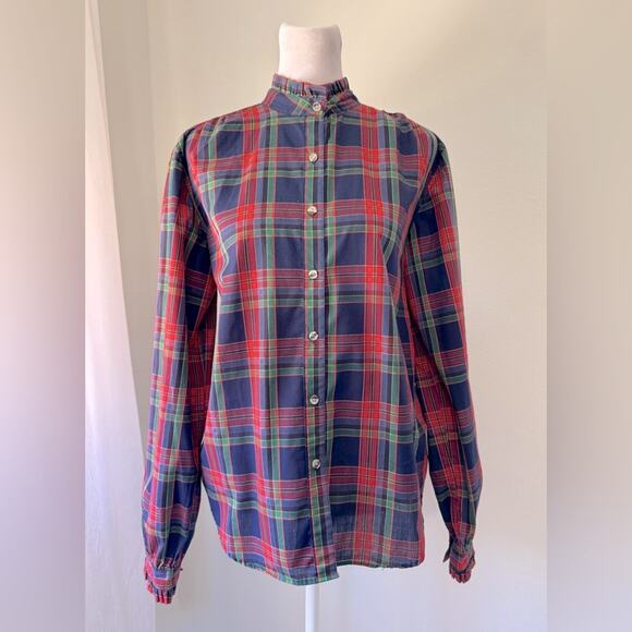 Vintage ‘80s Essentials Plaid Ruffled Half Collar Long Sleeve Button Down Blouse - Picture 1 of 6